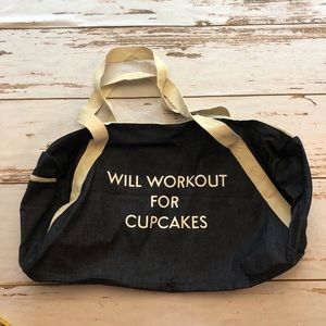 Navy Duffel Bag “Will Workout For Cupcakes” NWOT